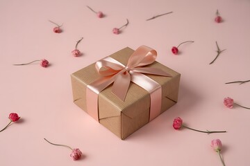 A beautifully wrapped gift box with pink ribbons and scattered rosebuds