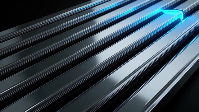Futuristic glowing blue arrow leads the way on parallel metallic tracks