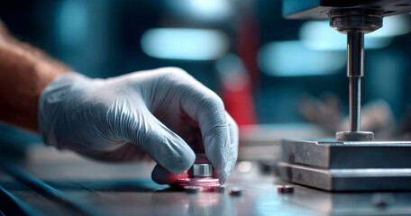 Close-up of gloved hand assembling or inspecting small metal components on industrial workbench with precision machinery in background