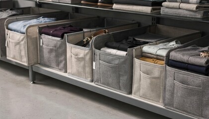 Medium shot of sewn fabric inserts snugly lining rigid bins in a retail backroom showcasing practical textile storage solutions for merchandise management.