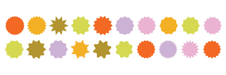 Set of circles with zigzag edges, Sunburst sticker shapes, Rounded starburst zigzag, circle shapes & star shapes offer price tag, discount, sale label, stickers, Star or sunburst silhouettes vector.