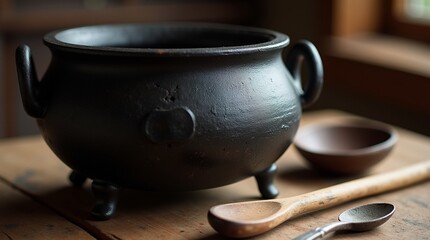 A close-up shot of a traditional cast-iron cauldron (чугунок) resting on a wooden table. The dark, rugged surface of the cauldron is illuminated by soft natural light, highlighting its weighty craftsm
