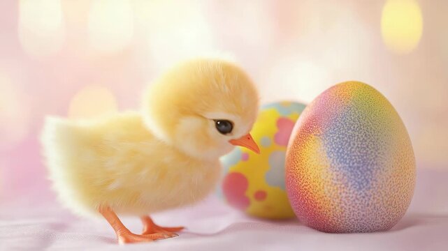 A baby chick stands in front of two colorfully painted Easter eggs, symbolizing the joy of spring and holiday celebrations.