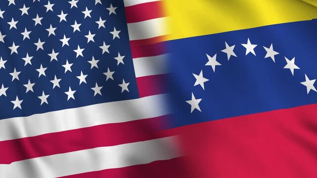 Diagonally aligned combined Venezuela and USA flags are waving in wind. Realistic slow motion loop animation, symbolizing Western Hemisphere geopolitics, diplomatic friction, and bilateral relations.
