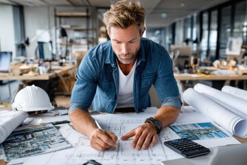 Architect working on building plans in a modern office studio during daytime hours