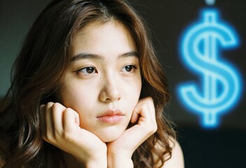 Pensive young Asian woman deeply engrossed in thoughts about financial well-being, with a luminous dollar sign indicating her monetary focus and future aspirations