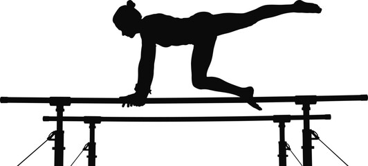 Female gymnast silhouette performing balance beam exercise, artistic gymnastics strength flexibility training isolated on white background studio shot