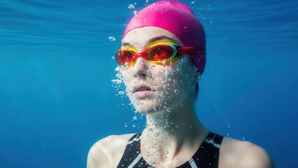 Swimmer with goggles and cap underwater with bubbles