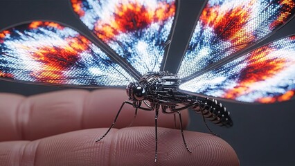 Futuristic dragonfly with digital wings on human finger