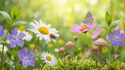 Surreal butterfly adventure in a silly flower garden nature close-up bright sunny environment playful composition whimsical imagery