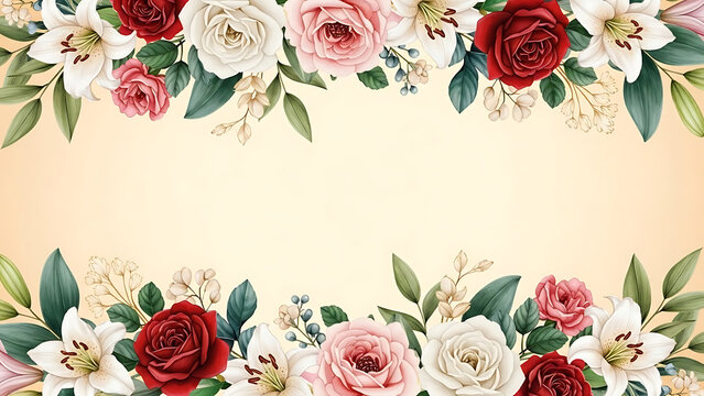 Elegant floral border with roses and lilies on a soft yellow background