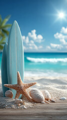 Blue surfboard and beach shells