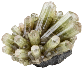 Cluster of natural green prismatic mineral crystals isolated on a transparent background