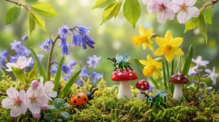 Surreal silliness in a vibrant flower garden nature scene macro photography lively environment whimsical viewpoint enchanting concept of fantasy