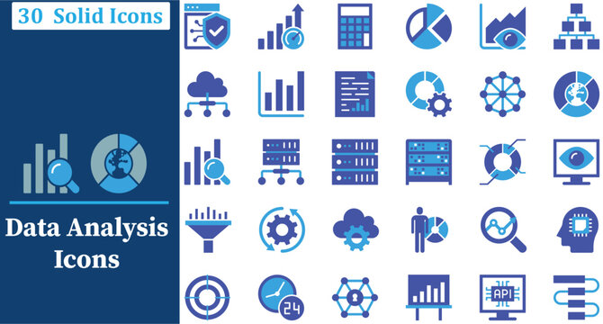 Data analysis and big data solid icons set for statistics, research, and financial reporting. Solid vector icons collection