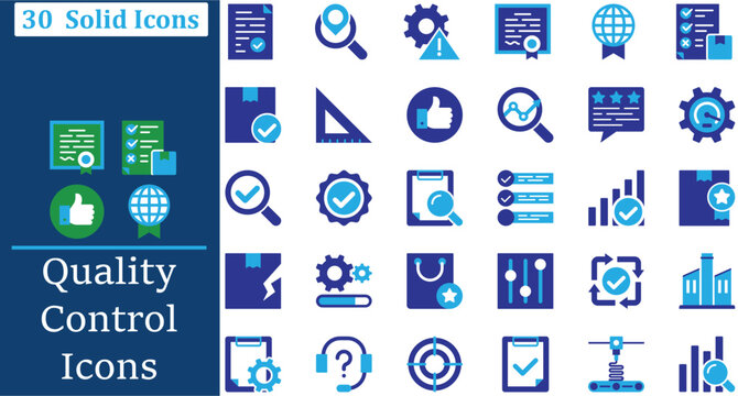 Quality control solid icons set for School, Online Learning, Pedagogy, Classroom and University Study. Solid vector icons collection