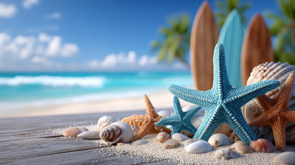 Blue surfboard and beach shells