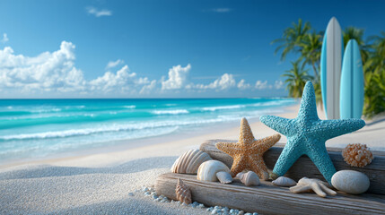 Blue surfboard and beach shells