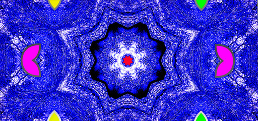 A striking blue kaleidoscope design showcases crisp symmetrical patterns and bold colorwork. Bright pink and green elements add dynamic contrast and visual energy. © derek oldfield