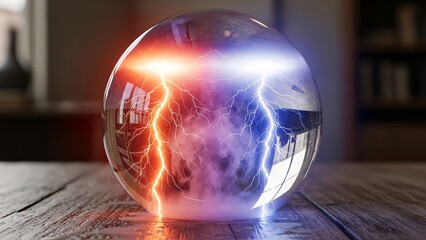 Electricity and energy inside a glass sphere on wooden surface