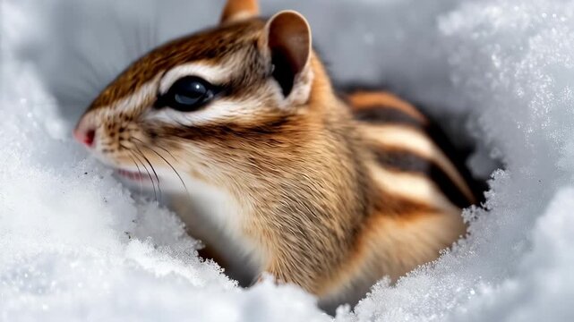 シマリスが雪の中から顔を出す様子