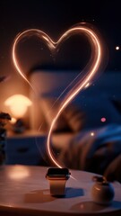 Digital Heart Light Trail Rising From Smartwatch on Table
