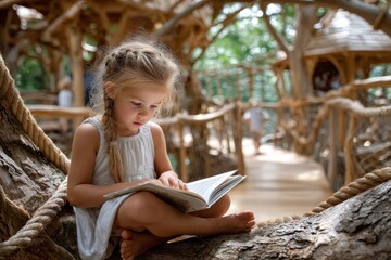 Young child enjoys reading a book in a treehouse during a sunny day in a lush forest