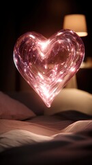 Shimmering Crystalline Heart Hovering Over Cozy Bed at Night