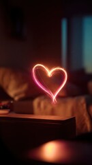 Glowing Neon Light Heart Trailing Over Bedside Table Surface