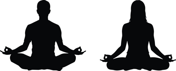 Male and female yoga meditation silhouettes in lotus pose, mindfulness wellness balance practice isolated on white background illustration studio concept