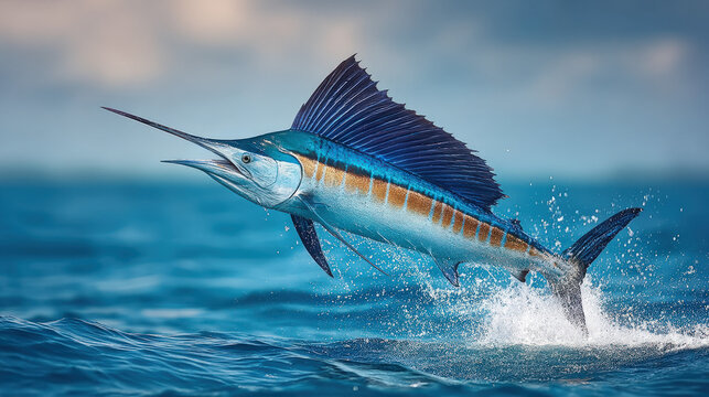 Billfish - a marlin or sailfish leaping