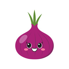 Smiling red onion, cute and fun cartoon character, healthy vegetable, big eyes, happy face, kawaii style, icon vector illustration.