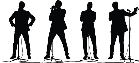 Male singer silhouettes performing on stage with microphone stands, live music concert performance isolated on white background illustration