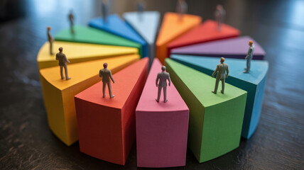 3D Circular Pie Chart Formed by Multicolored Miniature People for Demographic Analysis Population Studies and Market Research