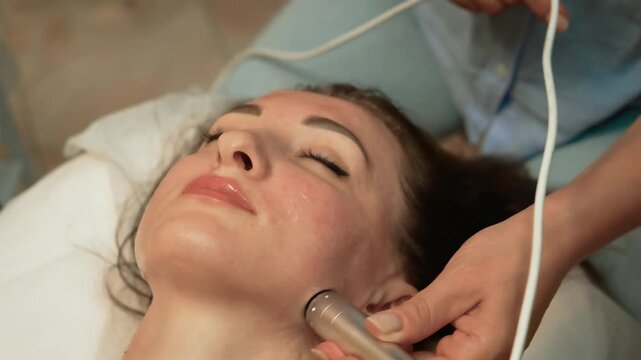 Lady receiving soothing face massage from licensed skincare expert in spa clinic. Electrostimulation Skin Rejuvenation, Ultrasonic Cavitation RF Therapy. Facial beautification, skin restoration, youth