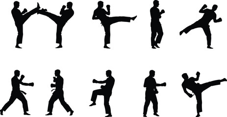 Martial arts fighter silhouette set showing kicking and boxing poses black vector illustration combat sport training action design