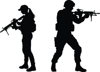 Military soldier silhouettes with rifles in tactical stance, armed forces combat training security concept isolated on white background illustration