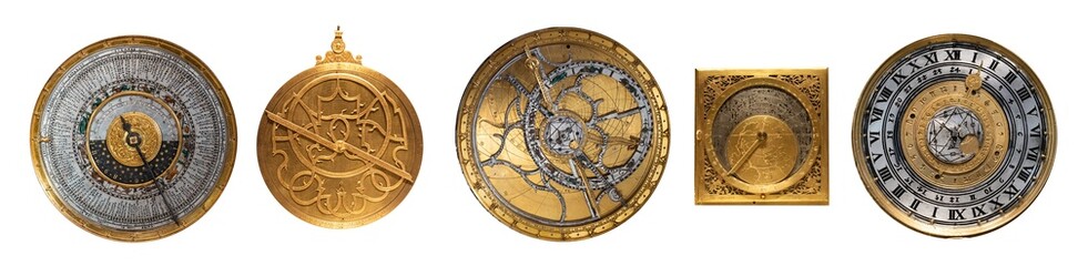 Collection of antique astrolabes and historical astronomical instruments isolated on white background. Used for astronomy, astrology, navigation, time measurement, education and celestial observation.