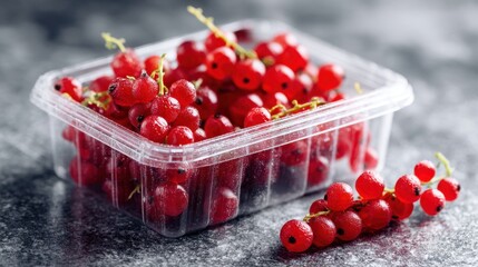 Container of red berries sits on a counter. The berries are ripe and ready to eat. The container is clear, allowing the berries to be seen through the plastic