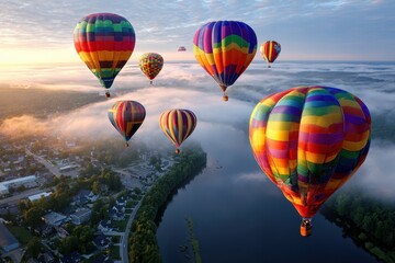 Fototapeta premium Hot Air Balloons Soar Over Misty River Valley At Sunrise