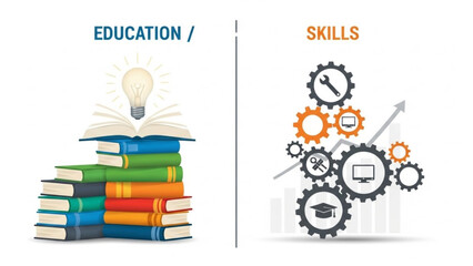 Education and skills concept with books and gears