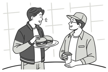 Two friends sharing a meal together with burgers and coffee