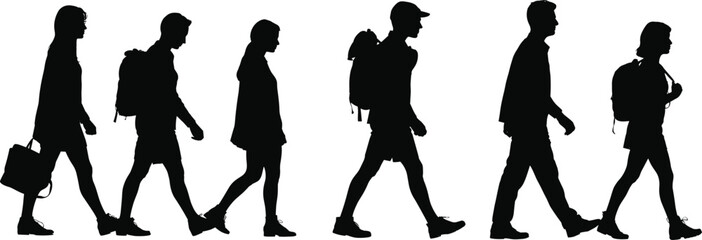 People walking silhouettes with backpacks and bags, urban lifestyle commuters pedestrians movement concept isolated on white background illustration