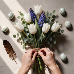 Elegant hands assembling an Easter bouquet on a linen tablecloth  