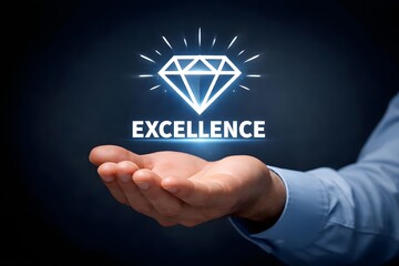 Excellence concept, service excellence, high quality service, customer experience, increased customer satisfaction and loyalty. businessman holding diamond icon on virtual screen.