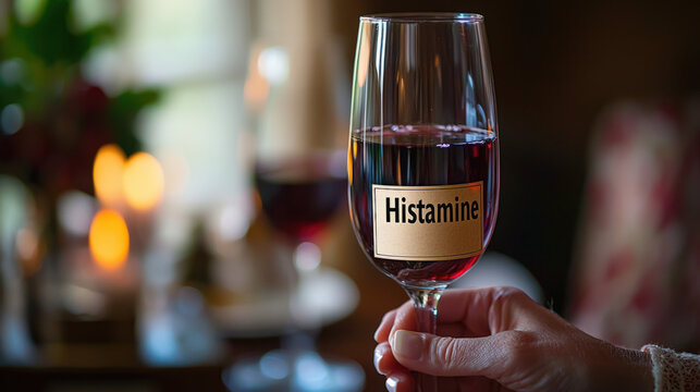 "Histamine" warning on a wine label, food intolerance and allergy concept