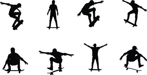 Skateboarder silhouettes performing tricks and jumps, street skateboarding action sport youth culture isolated on white background illustration