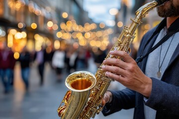 Obraz premium Saxophone Player in City Street Evening Lights Festive Ambiance