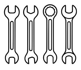 4 wrench illustration icons in outline style, transparent background