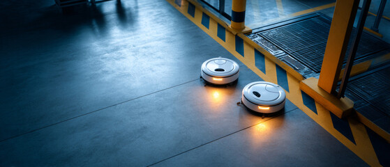 Two robotic vacuum cleaners operating on a polished concrete floor near yellow and black safety markings in an industrial or commercial setting